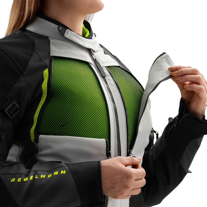 Ženska motoristična jakna Rebelhorn Hardy 3.0 črno-sivo-fluo rumena