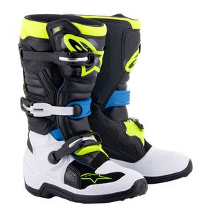Otroški motoristični škornji Alpinestars Tech 7 S črno-belo-fluo rumeno-modro