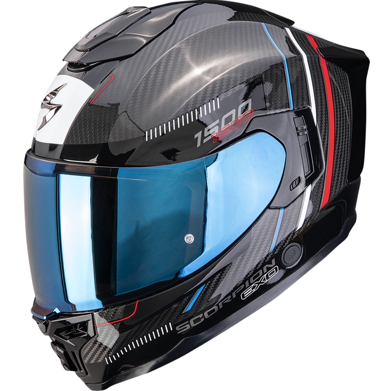 Scorpion EXO-1500 Carbon Air Zity motoristična čelada z integriranim obrazom črno-rdeče-modra