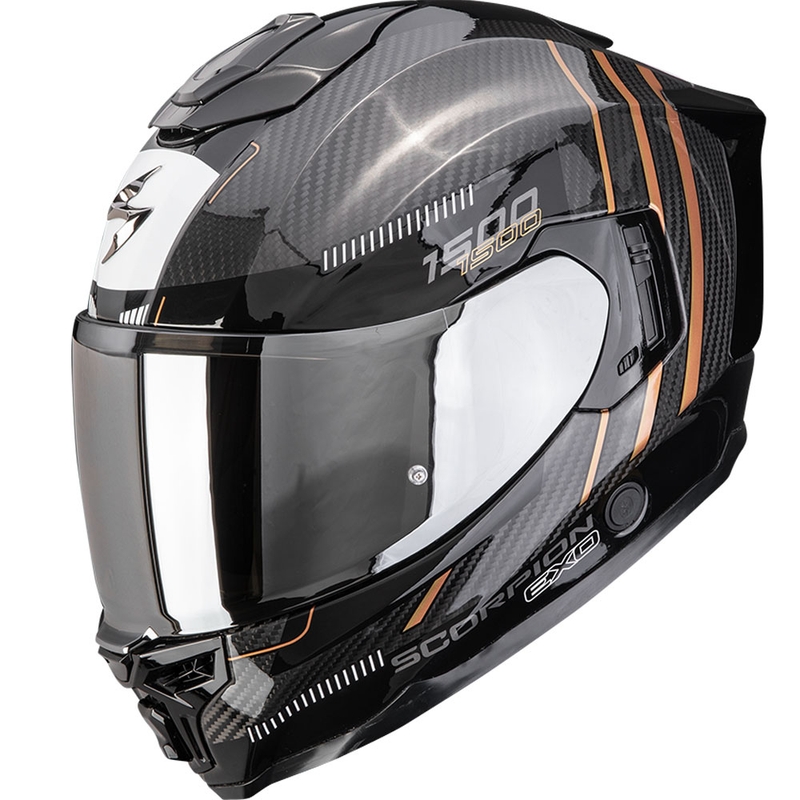 Scorpion EXO-1500 Carbon Air Zity motoristična čelada z integriranim obrazom, črno-bakrena