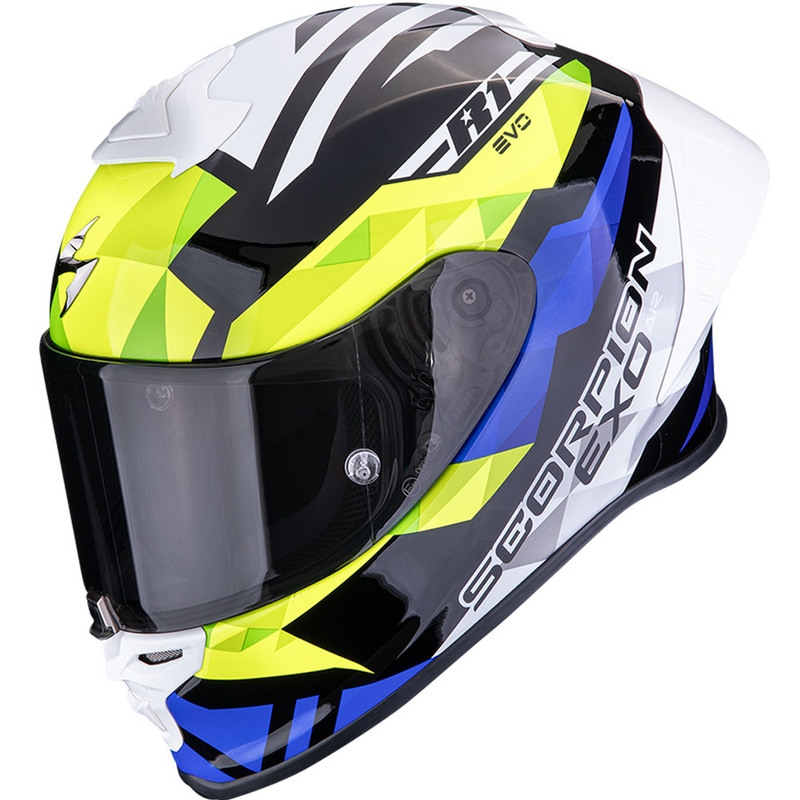 Scorpion EXO-R1 EVO II Air Valere motoristična čelada z integriranim obrazom črno-modro-fluo rumena