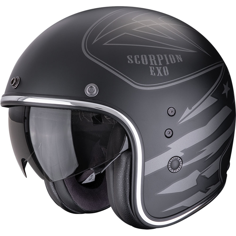 Moto čelada Scorpion Belfast Dawg z odprtim obrazom, mat črno-srebrna