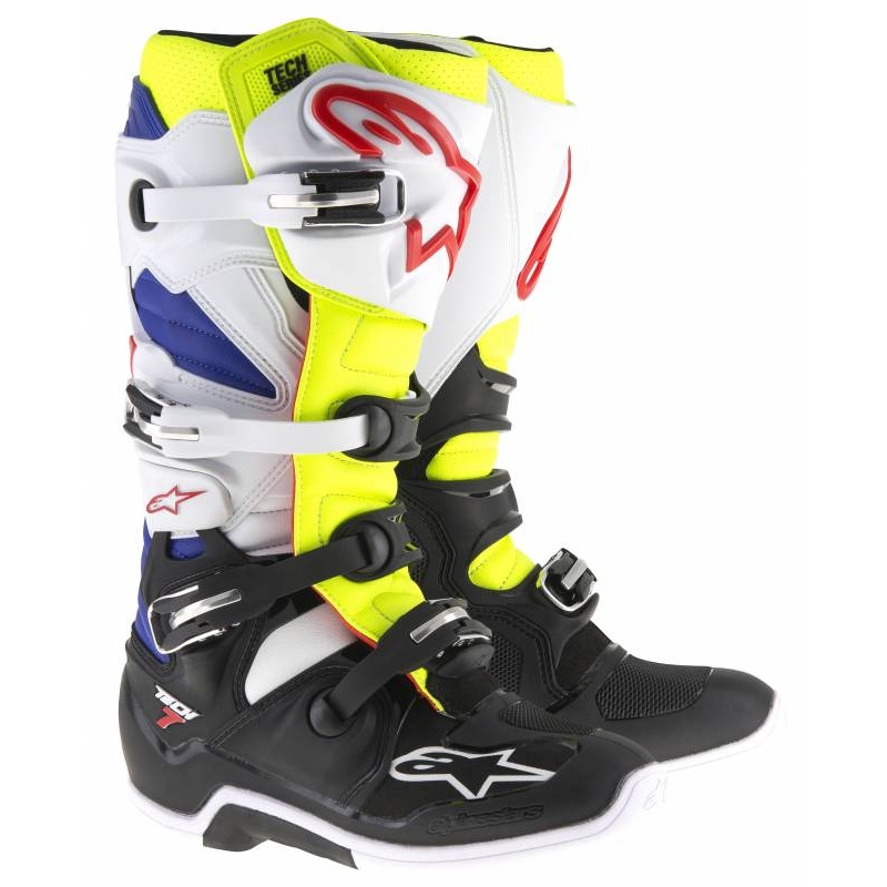 Alpinestars Tech 7 white-black-blue-red-fluo yellow motoristični škornji