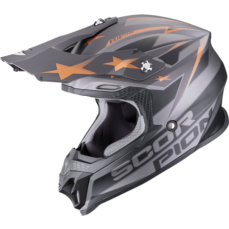 Motokros čelada Scorpion VX-16 EVO Air Patriot srebrno-črna-bakrena