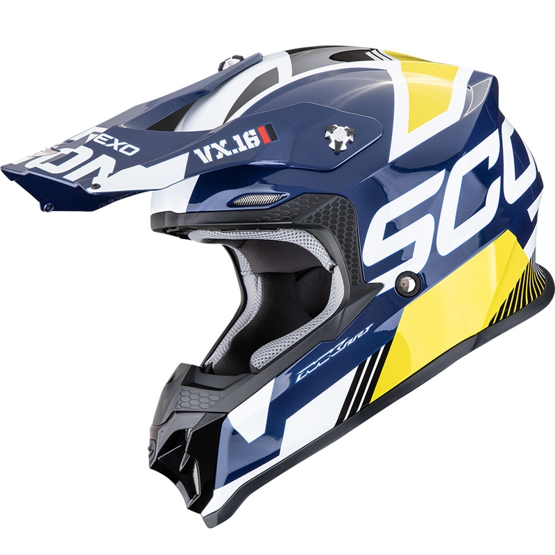 Motokros čelada Scorpion VX-16 EVO Air Analog belo-modro-rumena