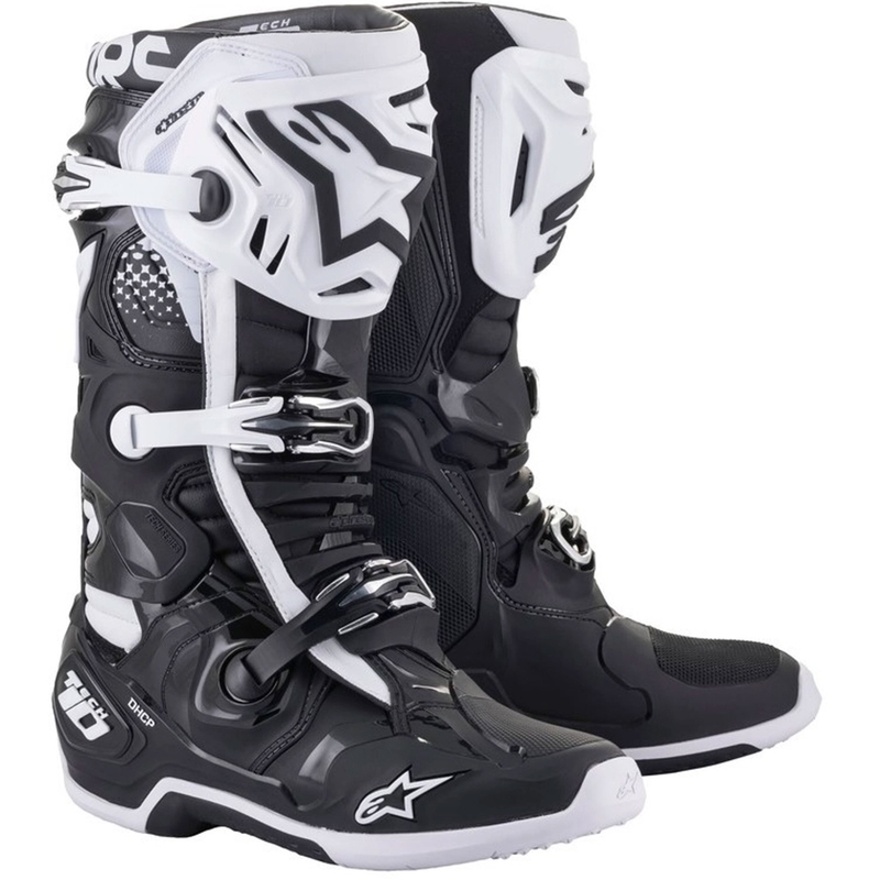 Črno-beli motoristični škornji Alpinestars Tech 10