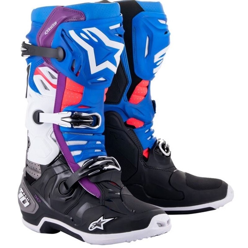 Motoristični škornji Alpinestars Tech 10 Supervented perforirani modro-vijolično-roza-belo-sivo-črno