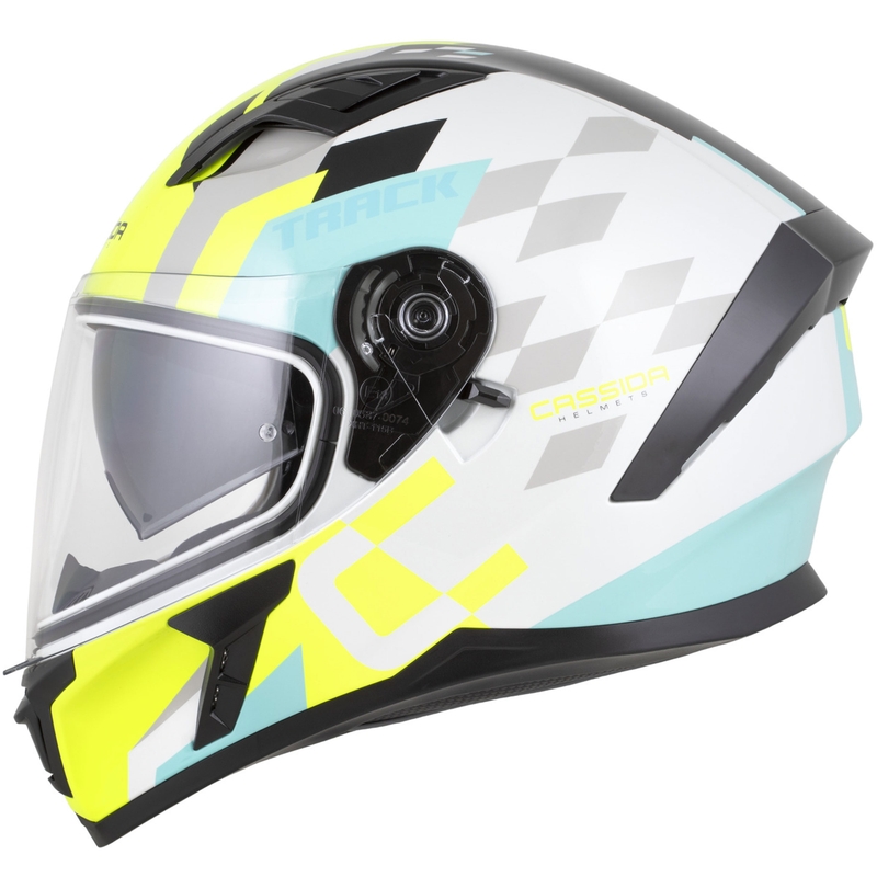 Cassida Orbit Track motoristična čelada z integriranim obrazom, bela-fluo rumena-turkizna-črna