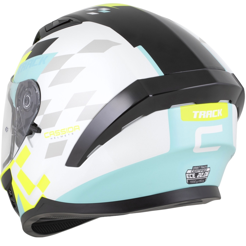 Cassida Orbit Track motoristična čelada z integriranim obrazom, bela-fluo rumena-turkizna-črna