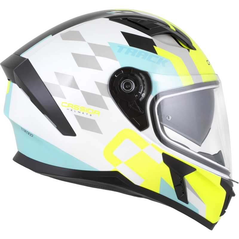 Cassida Orbit Track motoristična čelada z integriranim obrazom, bela-fluo rumena-turkizna-črna