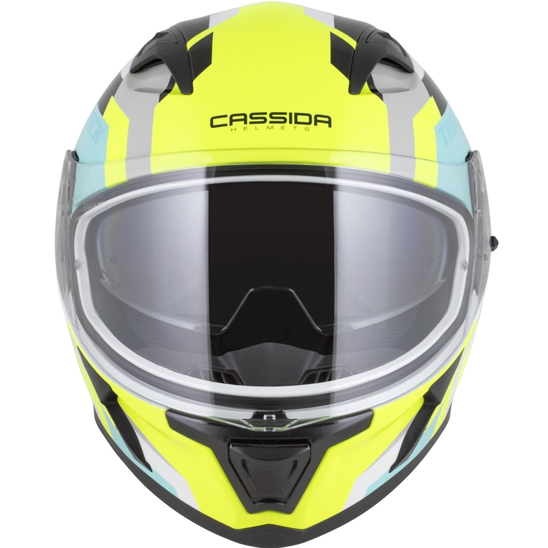 Cassida Orbit Track motoristična čelada z integriranim obrazom, bela-fluo rumena-turkizna-črna