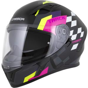 Cassida Orbit Track motoristična čelada z integriranim obrazom črno-roza-vijolična-fluo rumeno-bela
