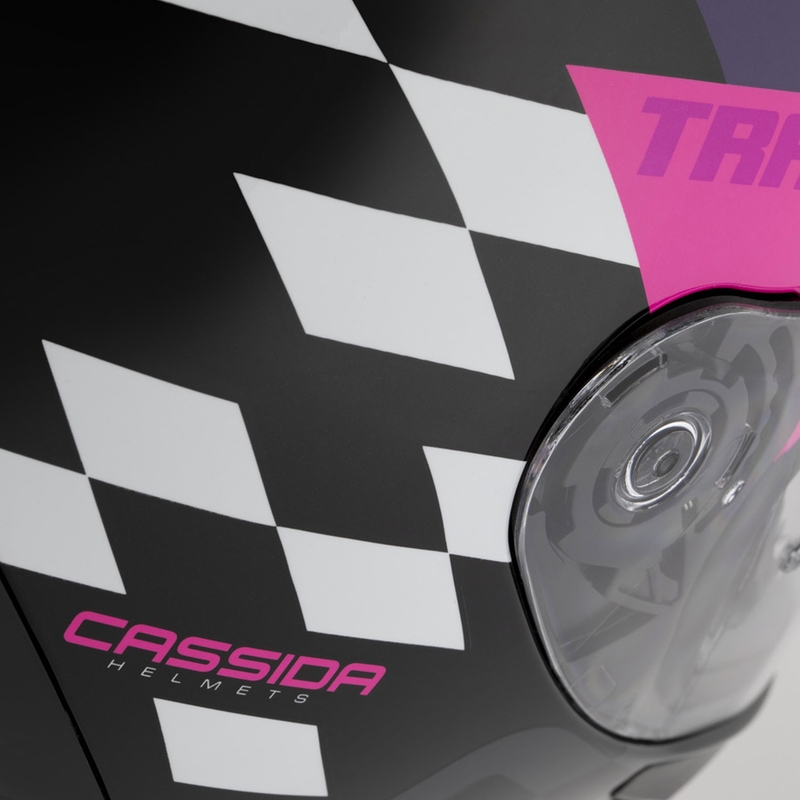 Cassida Orbit Track motoristična čelada z integriranim obrazom črno-roza-vijolična-fluo rumeno-bela