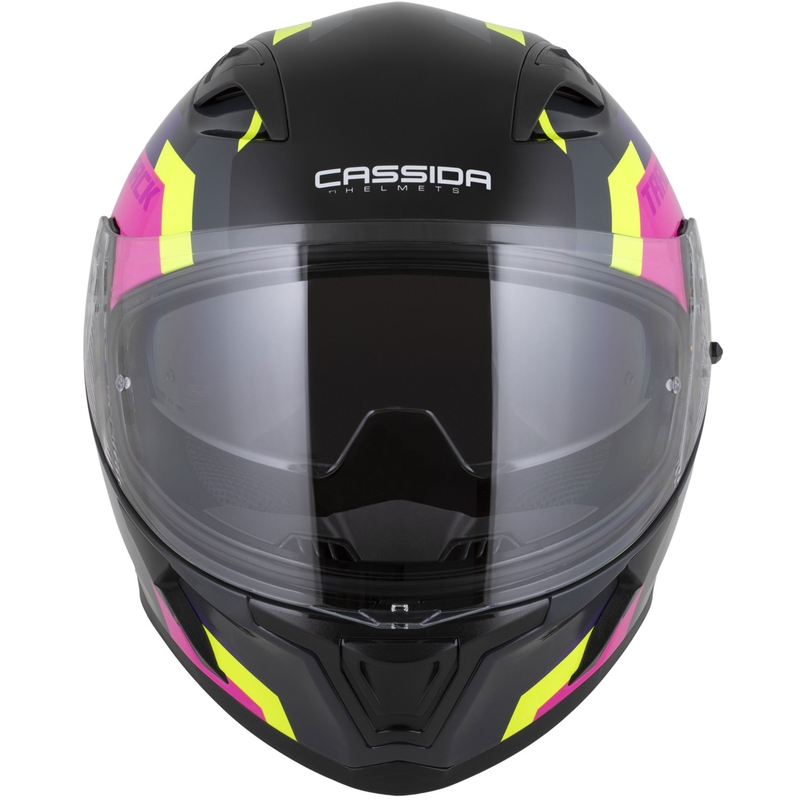 Cassida Orbit Track motoristična čelada z integriranim obrazom črno-roza-vijolična-fluo rumeno-bela