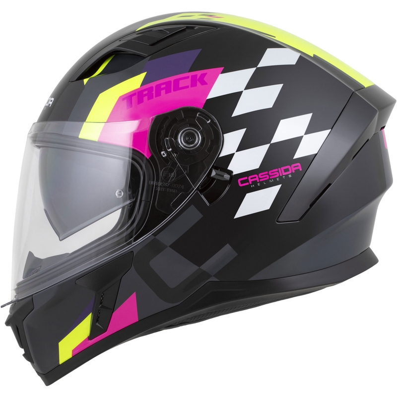 Cassida Orbit Track motoristična čelada z integriranim obrazom črno-roza-vijolična-fluo rumeno-bela