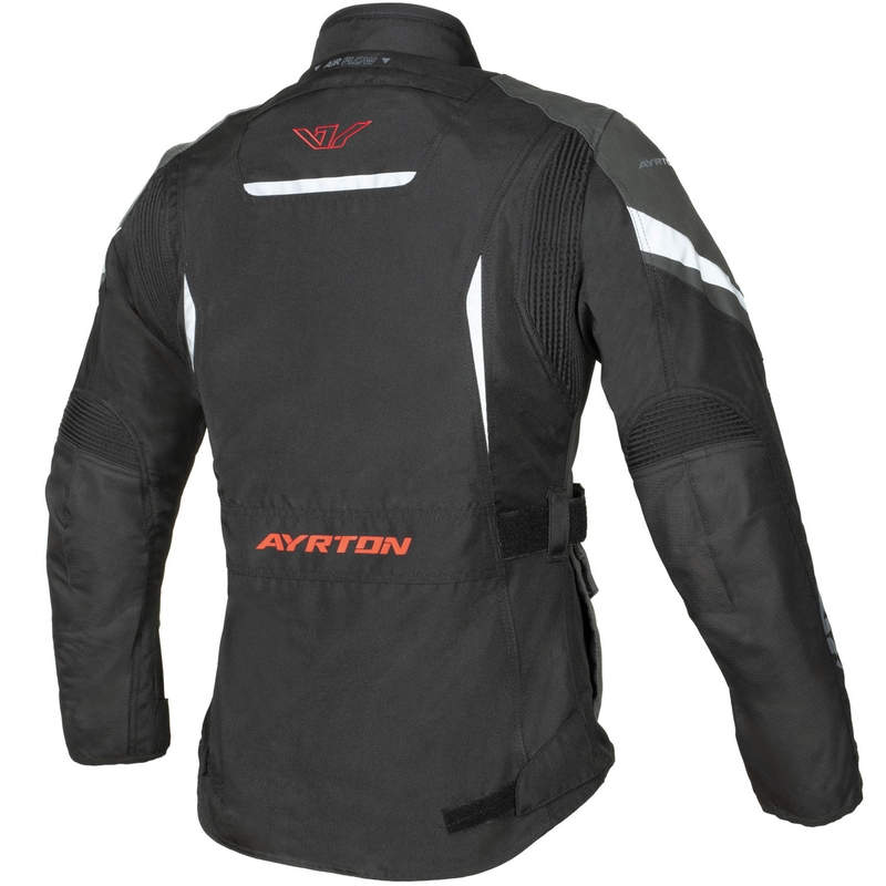Ženska motoristična jakna Ayrton Teressa II črno-sivo-fluo rdeča