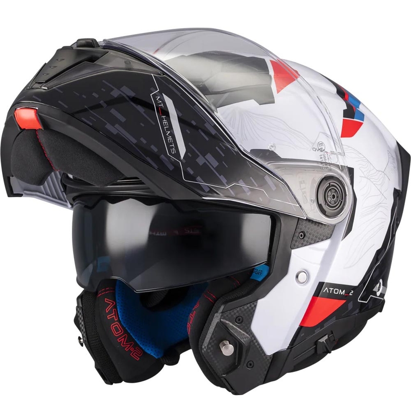 Motoristična čelada MT Atom 2 SV Highlands A7 z zložljivo platformo črno-belo-modro-rdeča