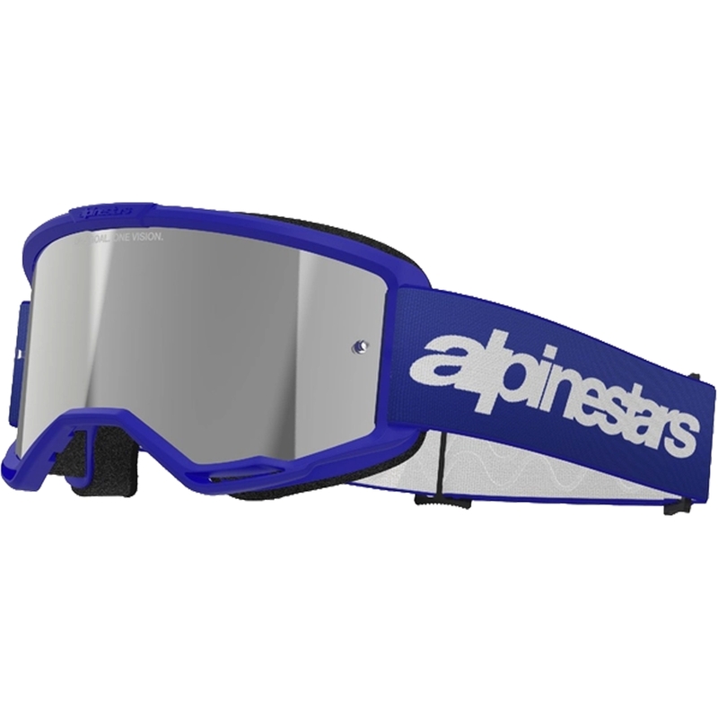 Modra motokros očala Alpinestars Vision 3 Wordmark z zrcalno srebrno lečo