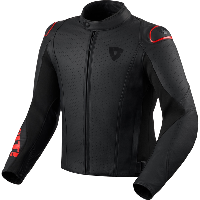 Usnjena motoristična jakna Revit Quadratic črno-fluo rdeča