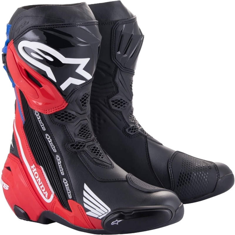 Moto škornji Alpinestars Supertech R Honda črno-rdeči fluo-modro-beli