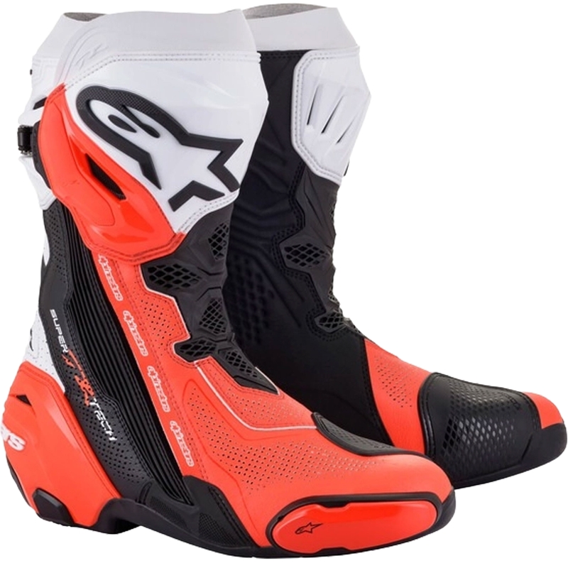 Motoristični škornji Alpinestars Supertech R Vented črno-beli-fluo rdeči