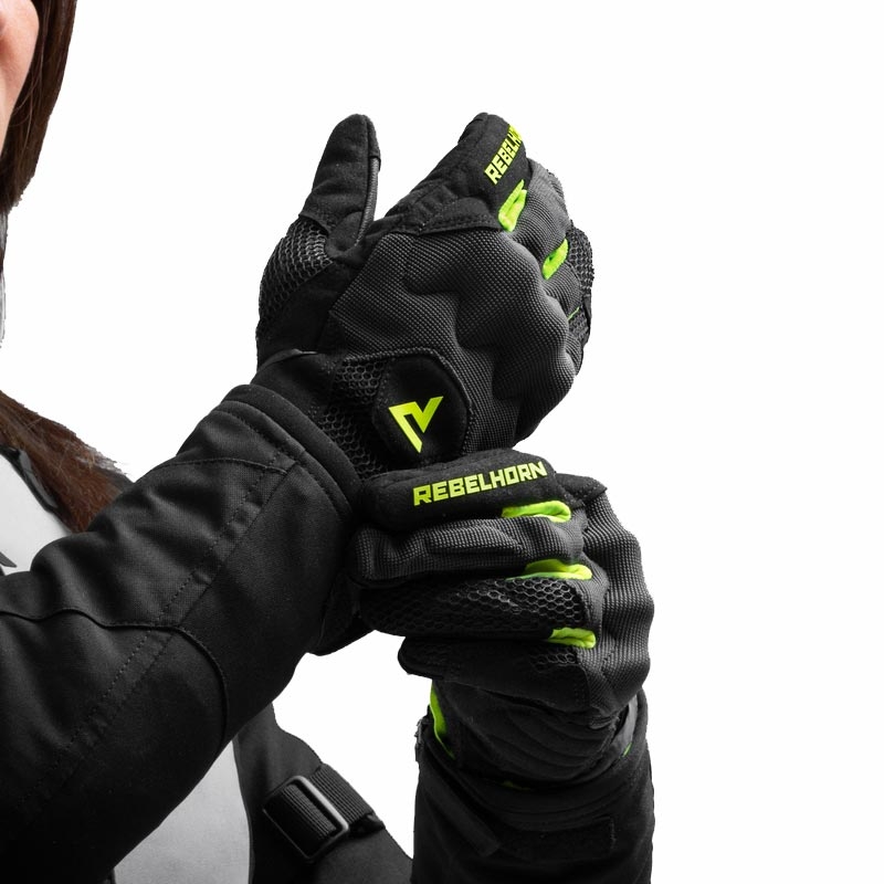 Ženske motoristične rokavice Rebelhorn Core črno-sivo-fluo rumene