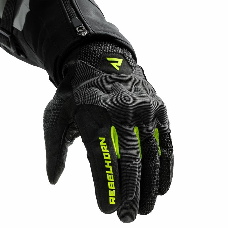 Ženske motoristične rokavice Rebelhorn Core črno-sivo-fluo rumene