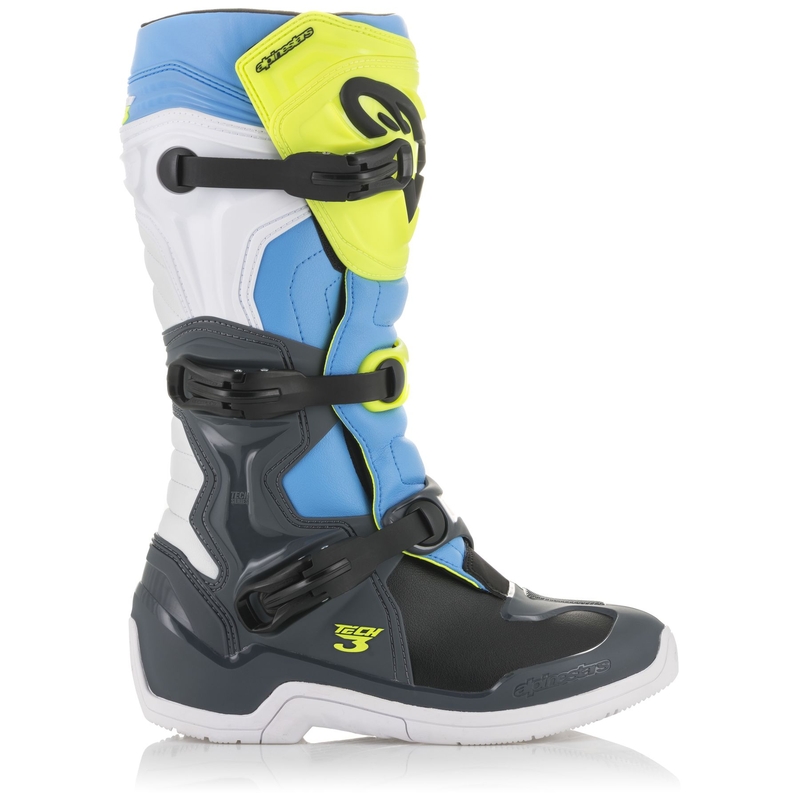 Alpinestars Tech 3 črno-beli-modri-fluo rumeni motoristični škornji