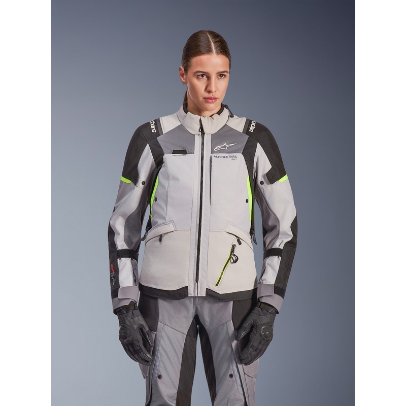 Ženska motoristična jakna Alpinestars Stella Andes V4 Drystar, temno siva-svetlo siva-črna-fluo rumena