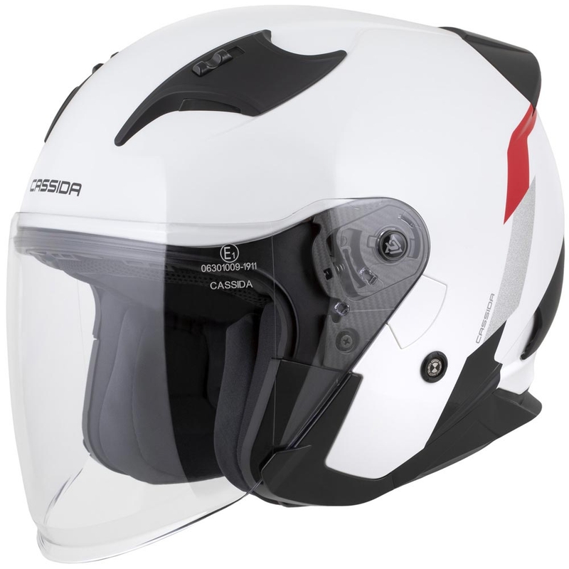 Cassida Reflex 2.0 varnostna motoristična čelada z odprtim obrazom, bela-rdeča-siva-odsevna srebrna