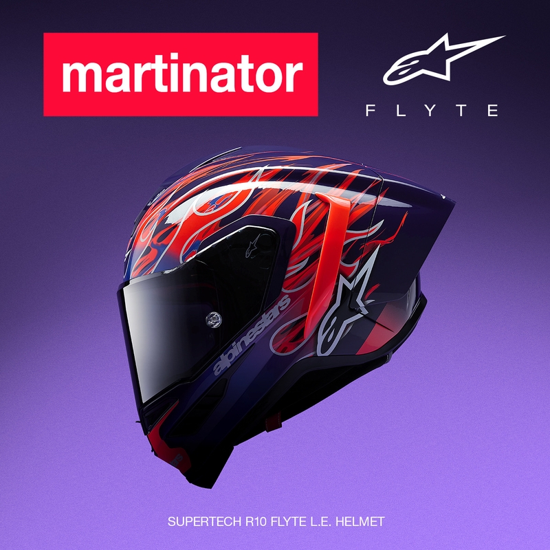 Alpinestars Supertech R-10 Flyte motoristična čelada z integriranim obrazom Jorge Martin vijolično-rdeča