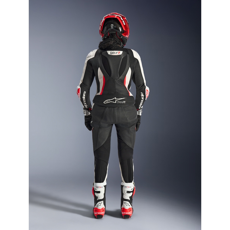 Ženski dvodelni usnjen motoristični kombinezon Alpinestars Stella GP-R7 črno-belo-fluo rdeč