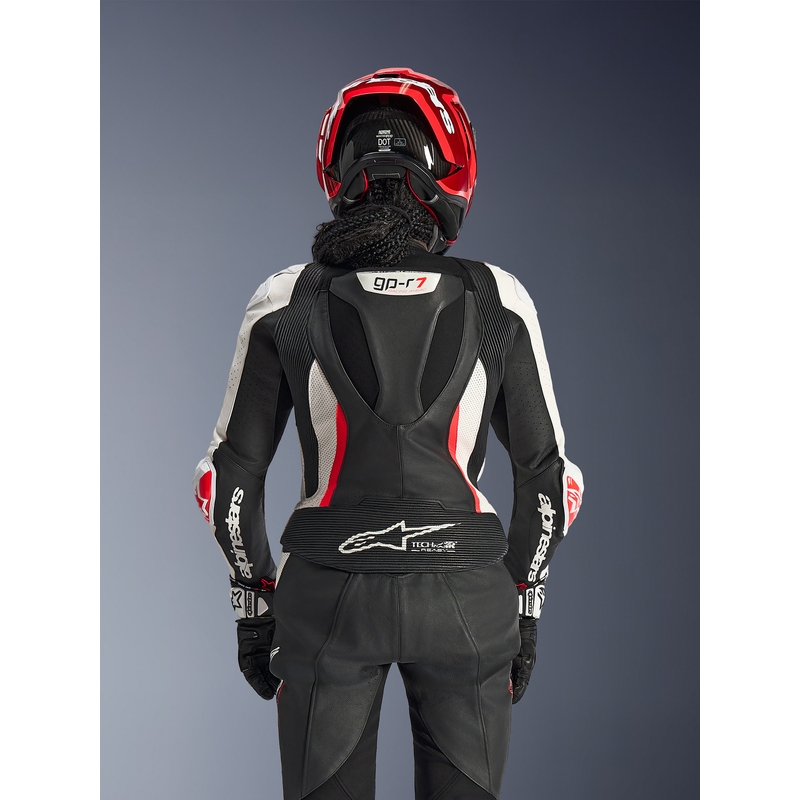 Ženski dvodelni usnjen motoristični kombinezon Alpinestars Stella GP-R7 črno-belo-fluo rdeč