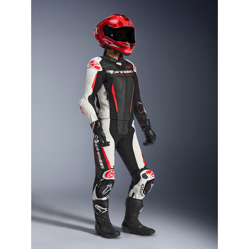 Ženski dvodelni usnjen motoristični kombinezon Alpinestars Stella GP-R7 črno-belo-fluo rdeč