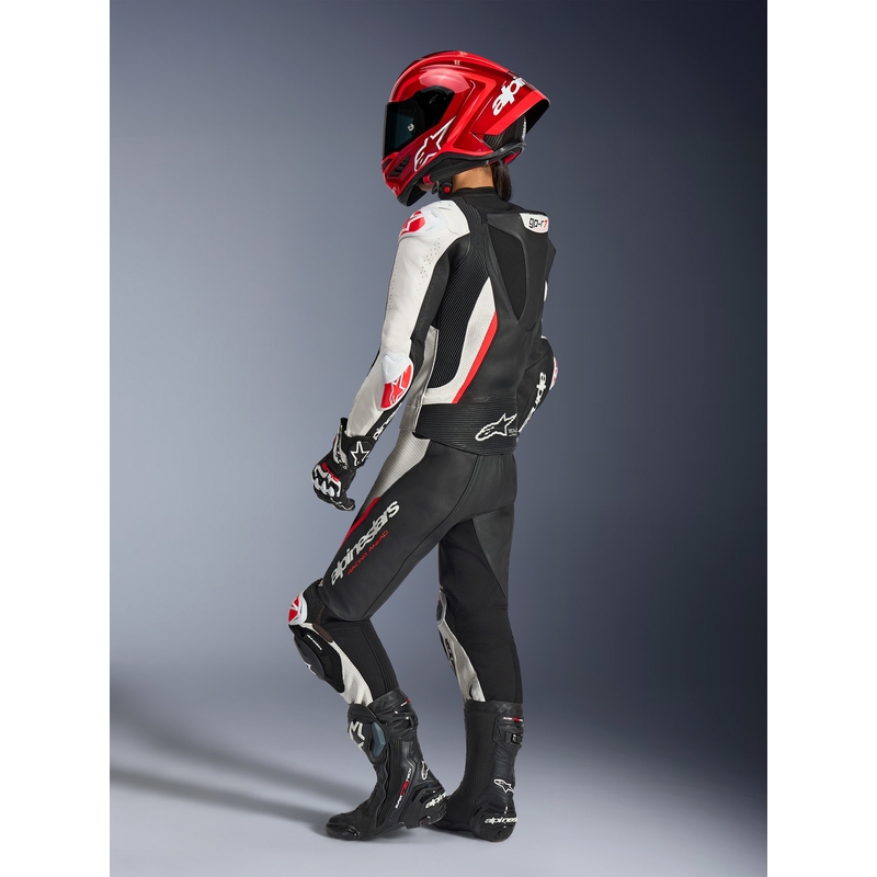 Ženski dvodelni usnjen motoristični kombinezon Alpinestars Stella GP-R7 črno-belo-fluo rdeč
