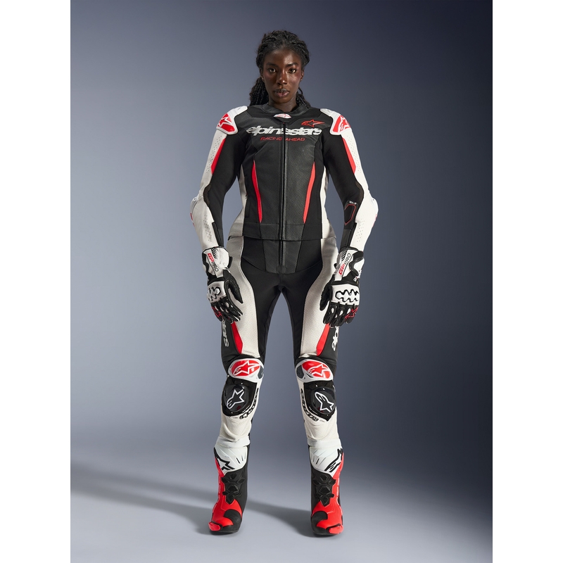 Ženski dvodelni usnjen motoristični kombinezon Alpinestars Stella GP-R7 črno-belo-fluo rdeč