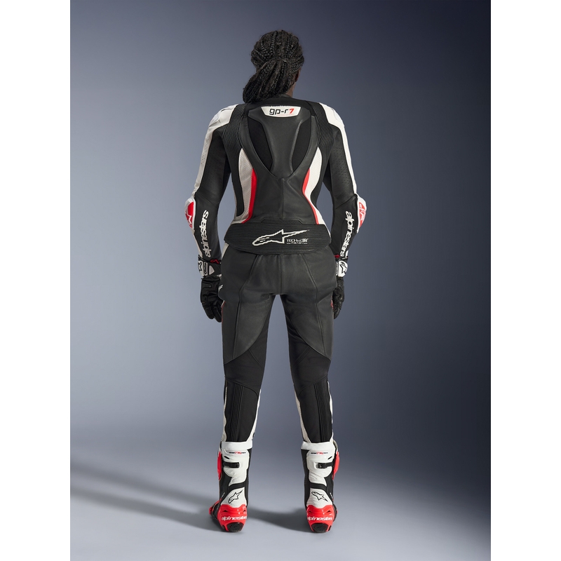 Ženski dvodelni usnjen motoristični kombinezon Alpinestars Stella GP-R7 črno-belo-fluo rdeč