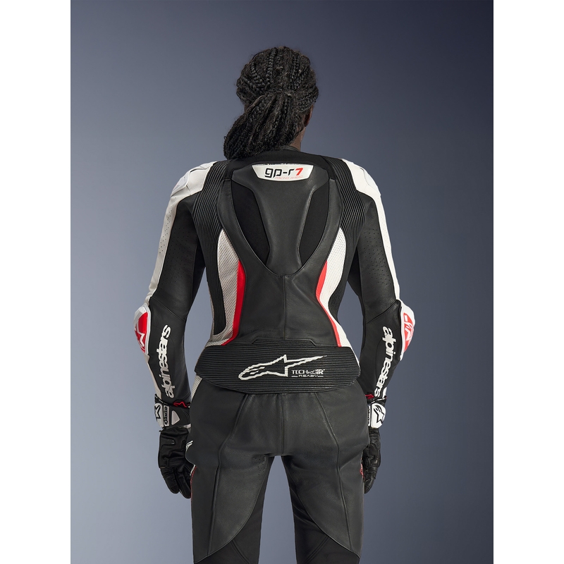 Ženski dvodelni usnjen motoristični kombinezon Alpinestars Stella GP-R7 črno-belo-fluo rdeč