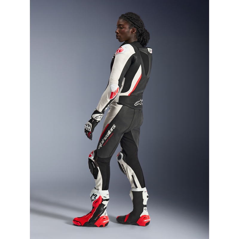 Ženski dvodelni usnjen motoristični kombinezon Alpinestars Stella GP-R7 črno-belo-fluo rdeč
