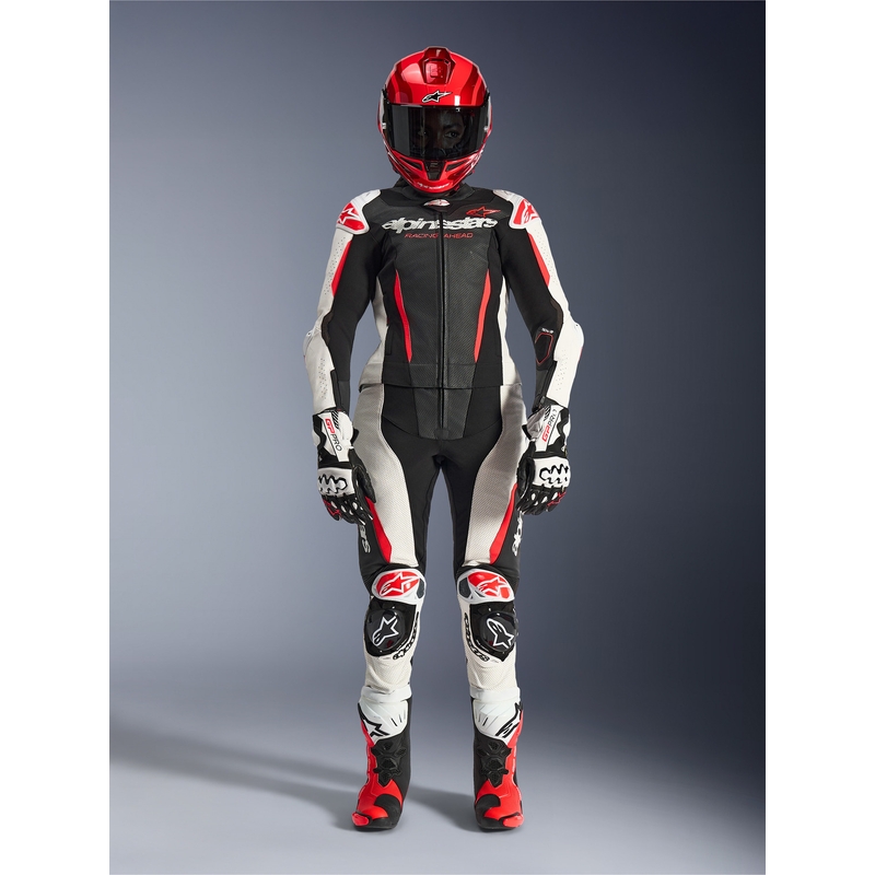 Ženski dvodelni usnjen motoristični kombinezon Alpinestars Stella GP-R7 črno-belo-fluo rdeč