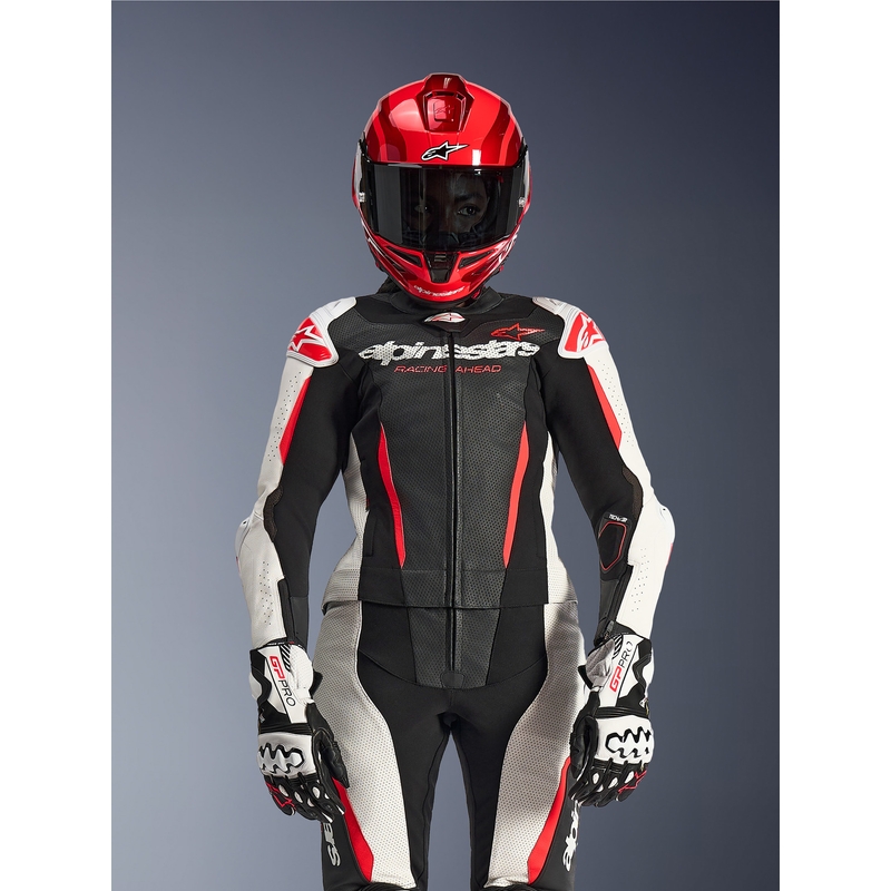 Ženski dvodelni usnjen motoristični kombinezon Alpinestars Stella GP-R7 črno-belo-fluo rdeč