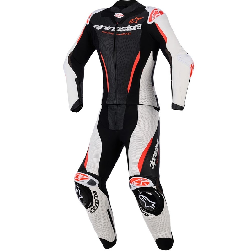 Ženski dvodelni usnjen motoristični kombinezon Alpinestars Stella GP-R7 črno-belo-fluo rdeč