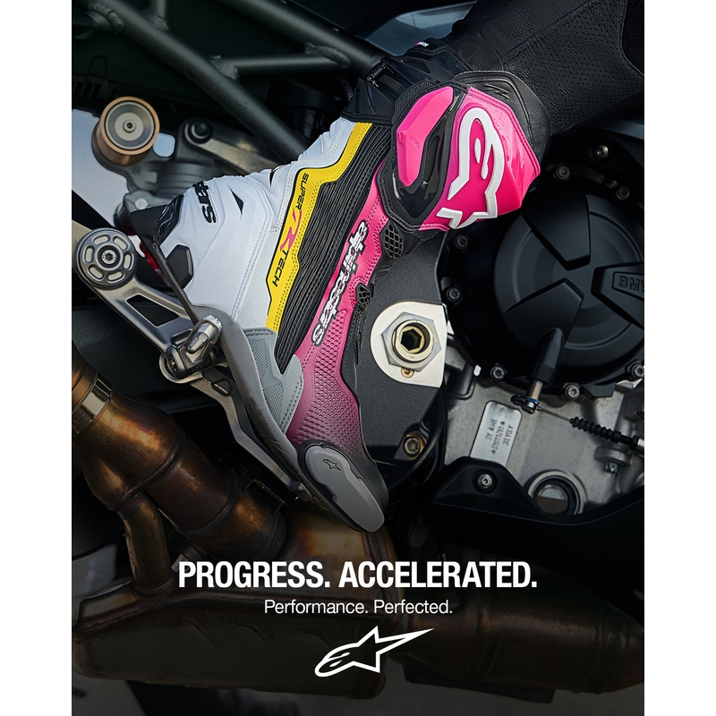 Moto škornji Alpinestars Supertech R črno-belo-roza-rumeni