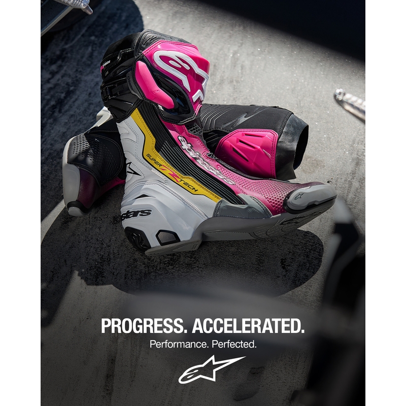 Moto škornji Alpinestars Supertech R črno-belo-roza-rumeni