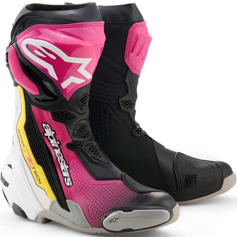 Moto škornji Alpinestars Supertech R črno-belo-roza-rumeni