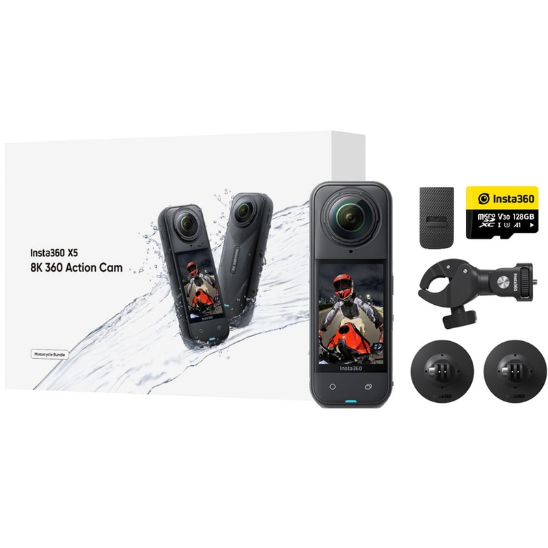Akcijska kamera Insta360 X5 za motoriste v črni barvi