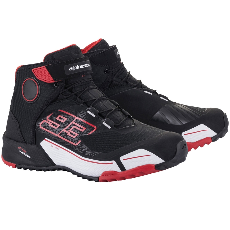 Kolekcija motorističnih škornjev Alpinestars CR-X Drystar MM93 črno-rdeče-bela