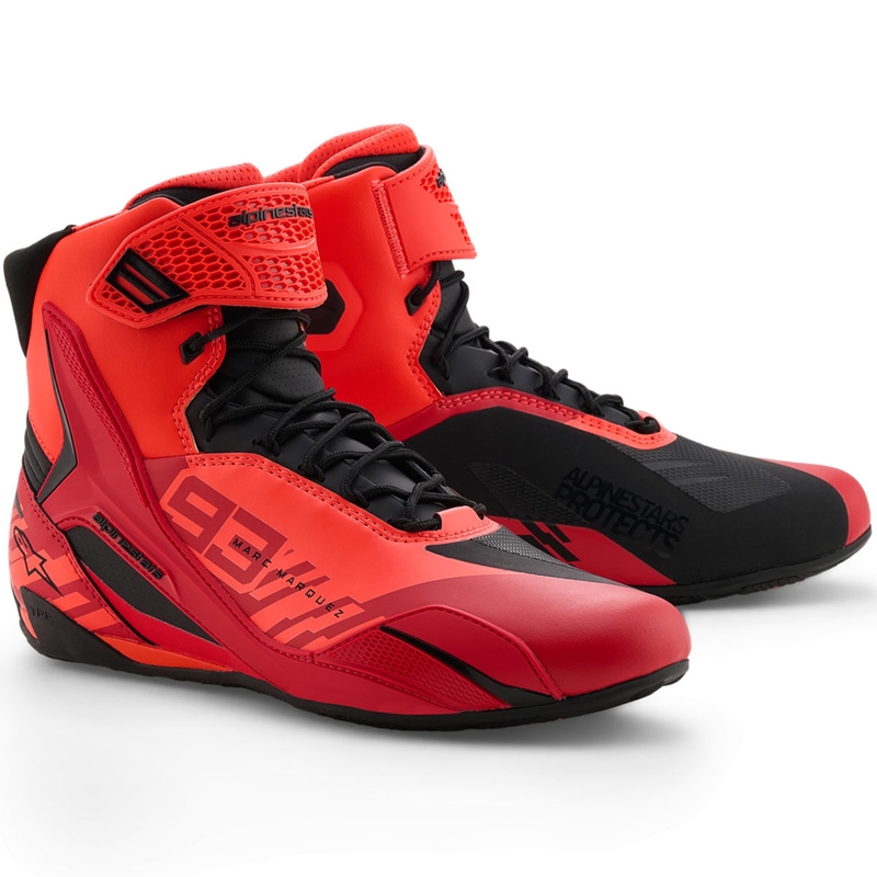 Moto škornji Alpinestars Faster-4 MM93, kolekcija fluo, rdeče-rdeče-črni