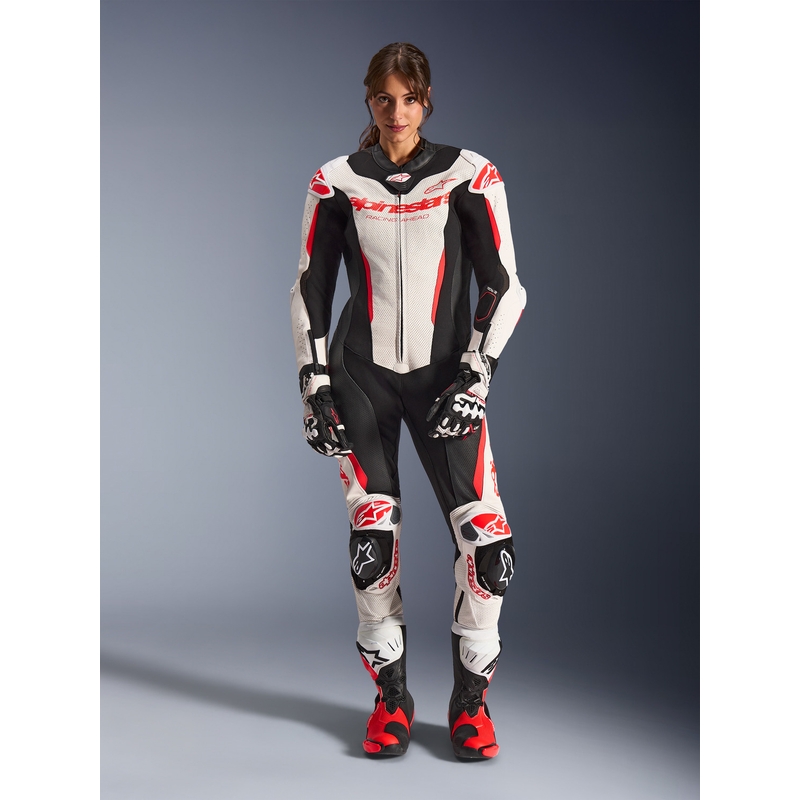 Ženski enodelni usnjen motoristični kombinezon Alpinestars Stella GP-R7 belo-fluo rdeče-črn