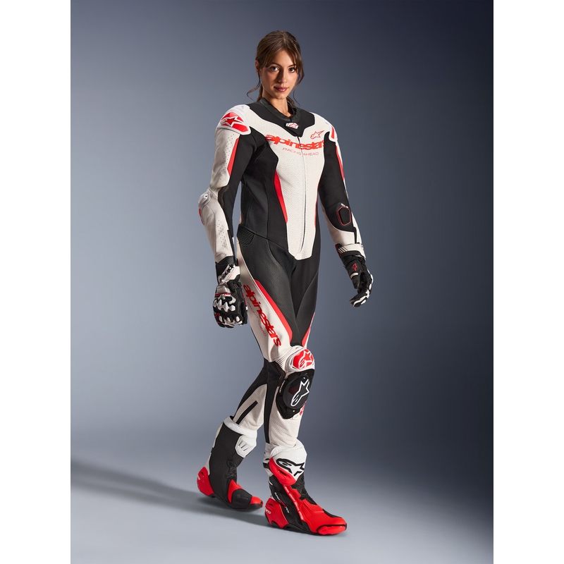 Ženski enodelni usnjen motoristični kombinezon Alpinestars Stella GP-R7 belo-fluo rdeče-črn
